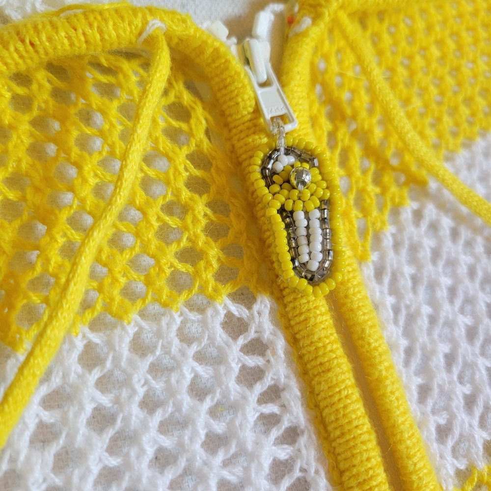 3/$25 Quacker Factory Open Knit Crochet Beach Sweater Hoodie Zipper Stripe Med - Picture 6 of 12